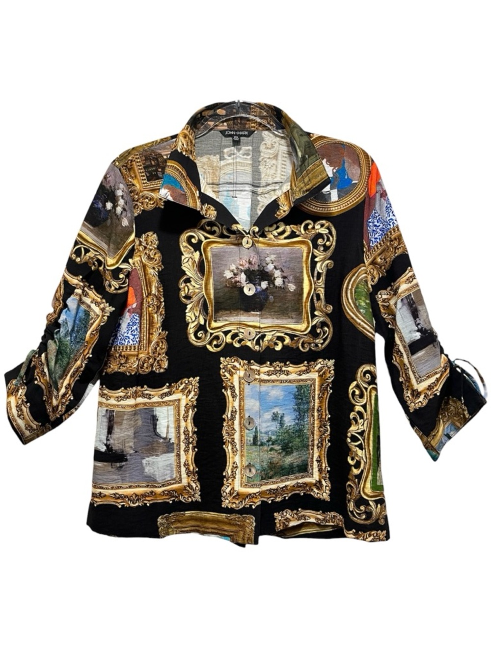 John Mark Art To Wear Sz PS Picture Print Button Front Blouse Top Wired Collar